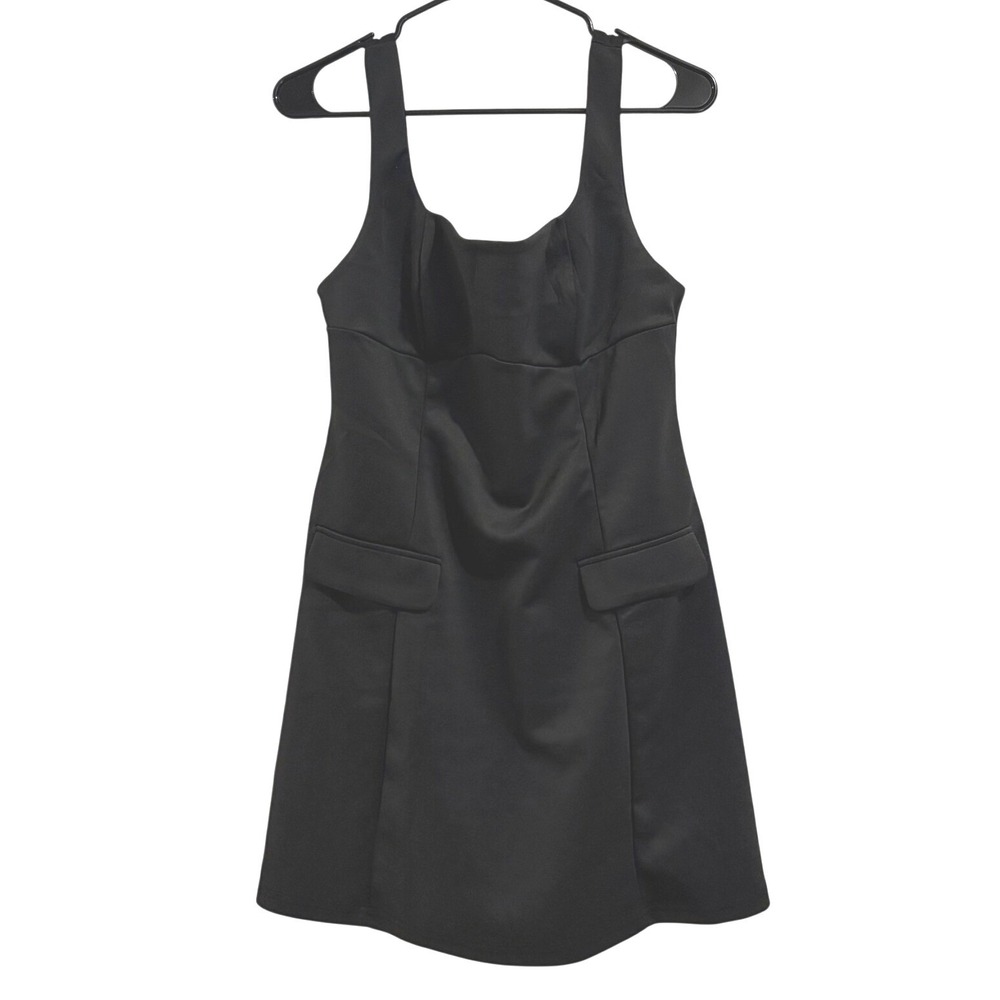 Boutique Black Sleeveless Square Neck Mini Dress with Flap Pockets LARGE